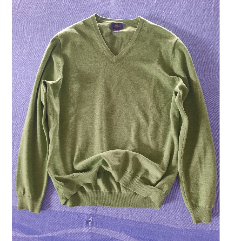 Brooks Brothers 346 Mens Merino Wool Blend V-Neck Stretch Sweater Green Large